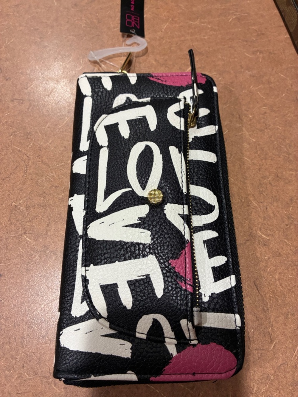 No Boundaries Black Wristlet Wallet with White 'LOVE' Print and Pink Accents